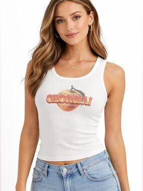 Guess Jeans Y2K White Ribbed Georgia Peach Graphic Tank